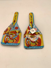 2 Vintage Lithograph Caribbean Calypso Bongo Tin Noisemakers Clacker Clapper USA