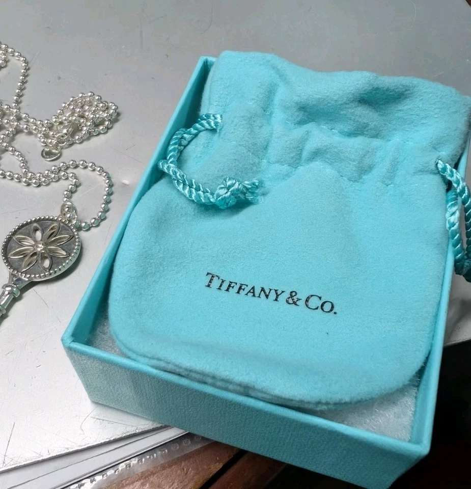  Tiffany & Co. 925 Sterling Diamond Daisy Key Pendant Beaded Necklace 30" W/ Box - Image 3 of 4