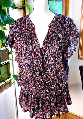 Anthropologie Floral w/Gold Threads Drawstring Blouse Ruffled Sleeve SZ XL