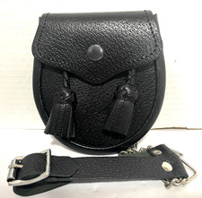 NEW Scottish Black Quality Leather Baby 2 Tassel SPORRAN w/ Chain Leather Belt