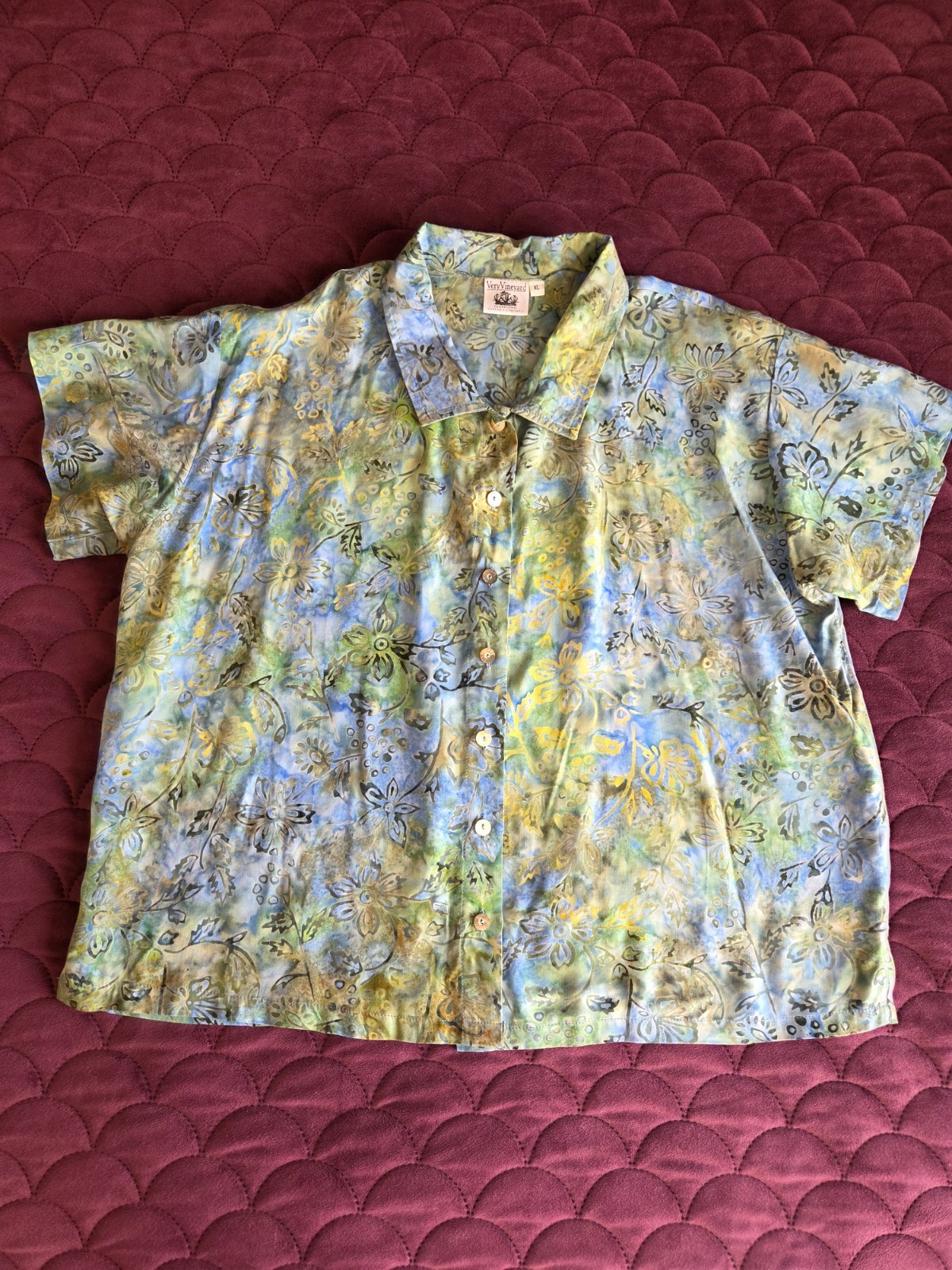 VTG Very Vineyard Top Blue Yellow Rayon Floral Batik Buttons Crop Short  XL