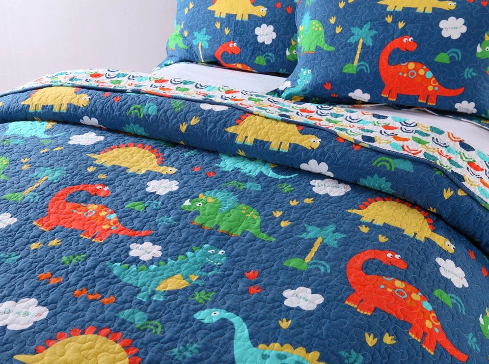 100% Cotton Kids Quilt Bedspread Comforter Set Throw Blanket for Boys Dinosaur - Image 3 of 4