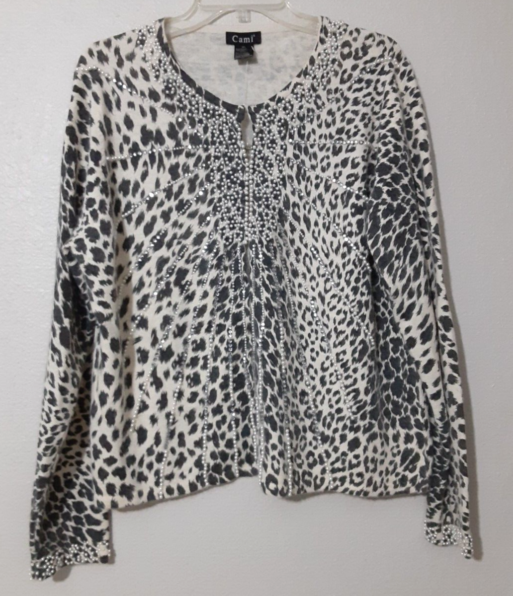 Cami Angora XL Gray Ivory Animal Print Pearl Rhinestone Cardigan