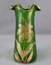 Carl Goldberg Bohemian Gold Floral & Green Ruffled Rim 6 3/4 Inch Vase C. 1900