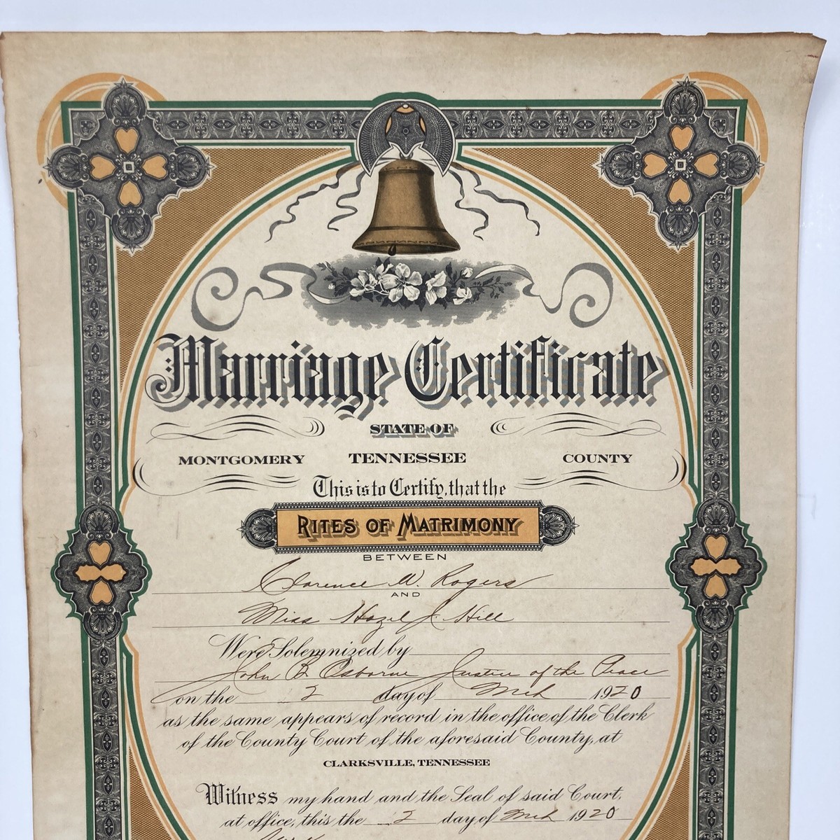 Marriage Certificate License 1920 Montgomery County Clarksville TN Rogers  Hill