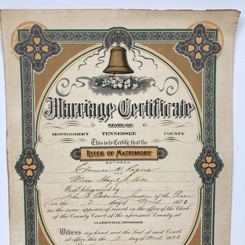 Marriage Certificate License 1920 Montgomery County Clarksville TN Rogers Hill - Picture 4 of 7