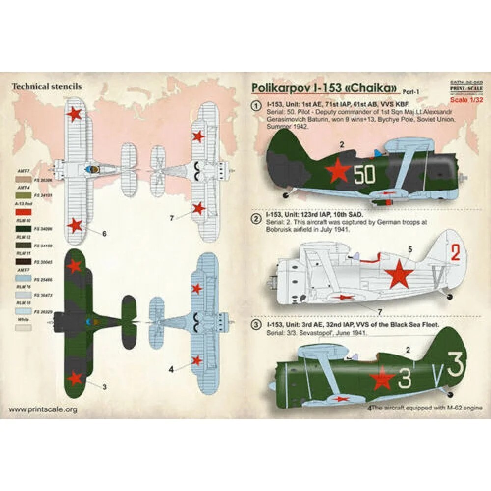 Print Scale 32-025 Decal airplane 1:32 Polikarpov I-153 Chaika Part 1 - 1,5 leaf
