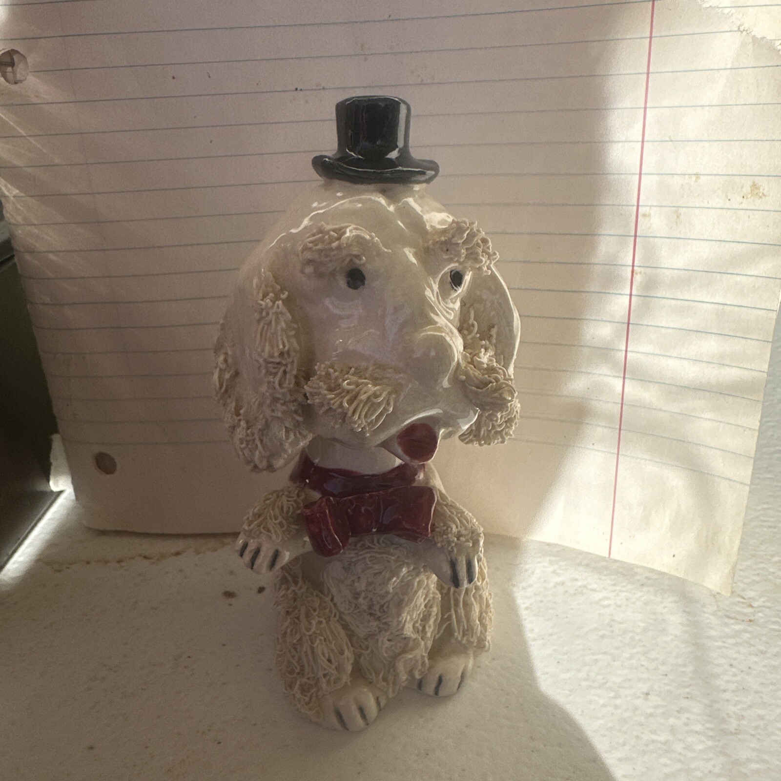VTG Ceramic White Spaghetti Dog w Top Hat Red Bow Bobblehead Nodder (Japan)