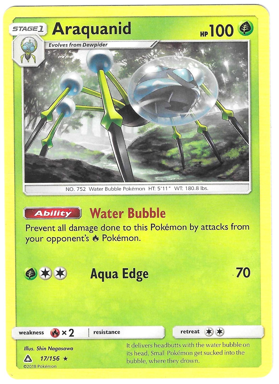 Pokemon RARE ARAQUANID Sun & Moon Ultra Prism 17/156 NM/Mint PACK FRESH
