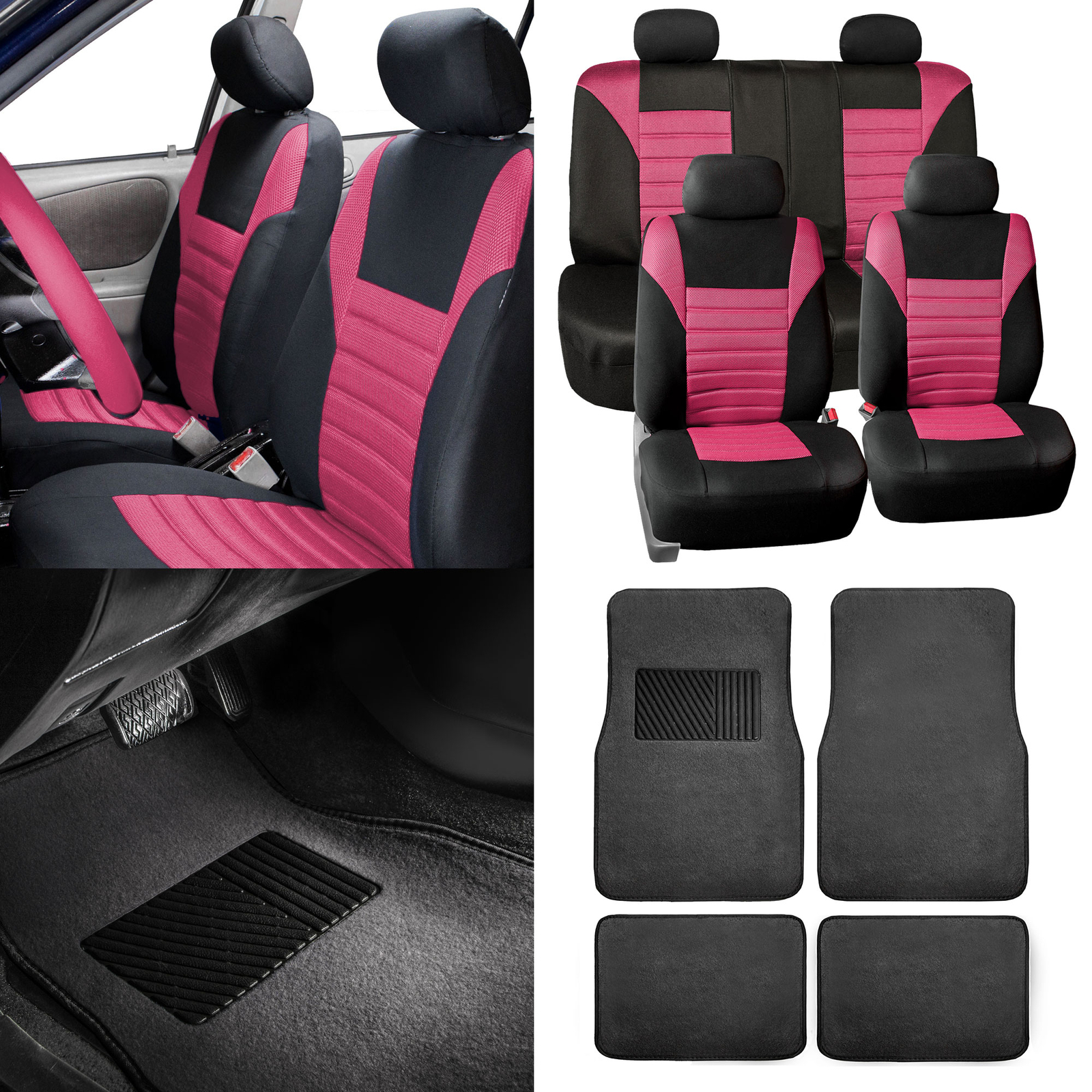 Car Seat Covers Universal Auto for Car SUV Van Pink Black w/ Black Carpet Met
