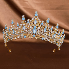 Wicked Silk Prom, Quinceanera Jeweled Crown Tiara Headband - Gold  Light Blue