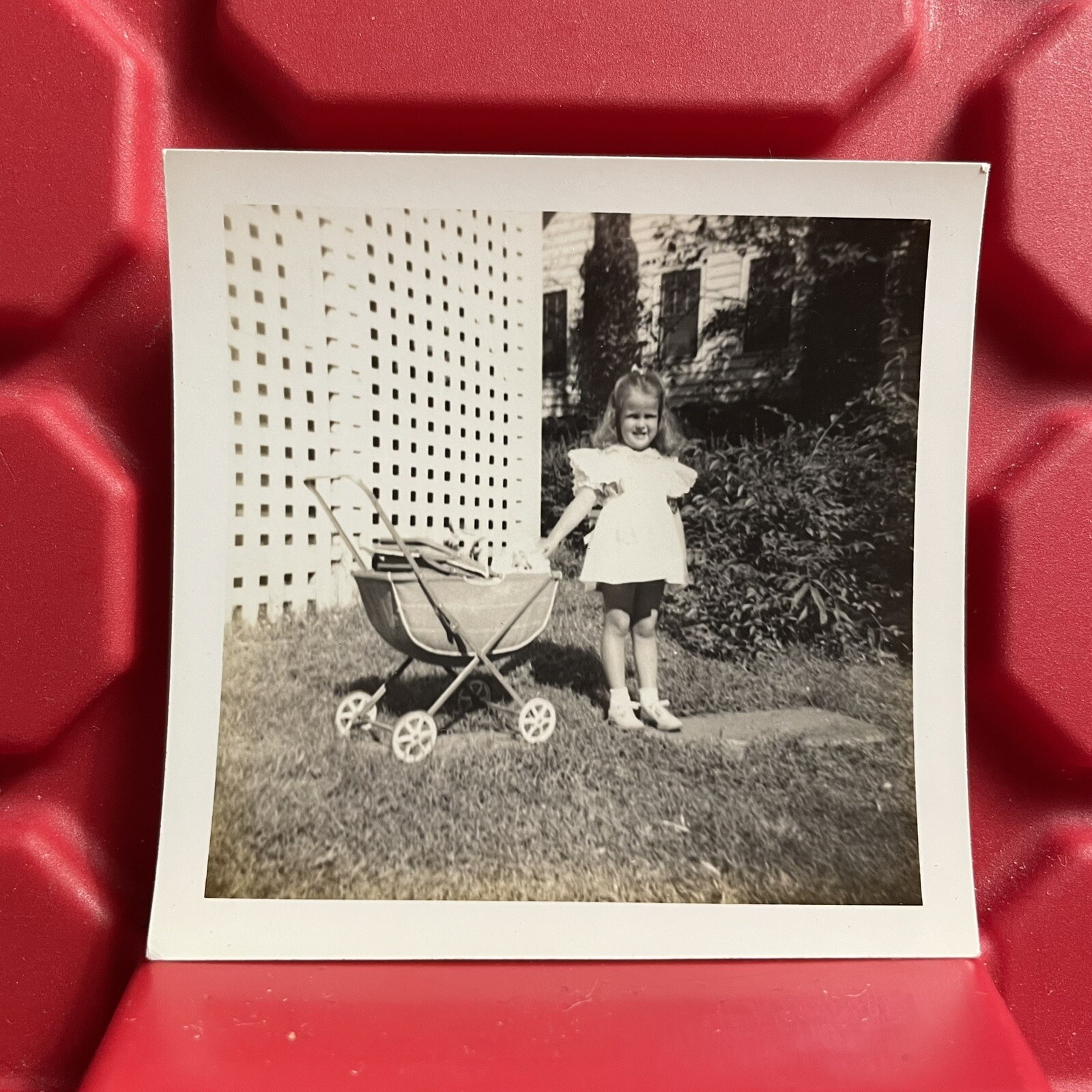 Girl Outside With Baby Stroller 3 1/8 x 3 1/8 Photograph B Pre Owned 1940s