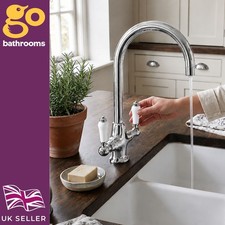 Traditional Chrome Kitchen Tap Sink Swivel Arc Spout Twin Mixer Lever Handles