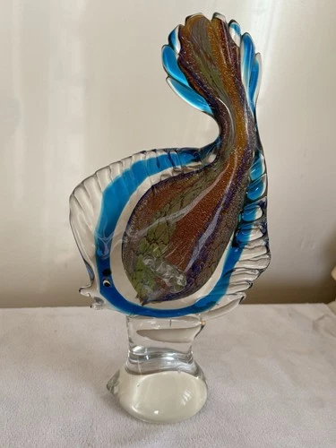 Vintage Hand Blown Murano Style Art Glass Fish Figurine Multicolor w/gold flecks