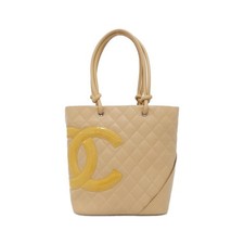 Chanel Cambon Line Calfskin Patent Leather Bag Women Beige One Size