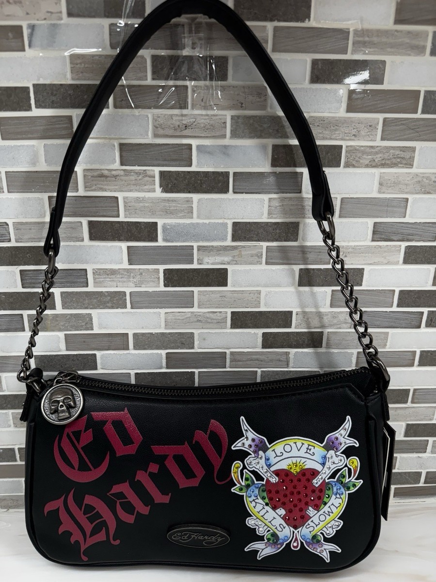 Ed Hardy Black Shoulder Crossbody Bag with Rhinestone Loves Kills