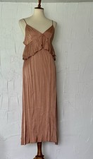 H&M Bronze Satin Ruffle Cami Midi/Maxi Dress Size 12 Spaghetti Strap V-Neck