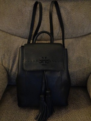 Tory Burch McGraw Black Pebbled Leather Backpack Tassels Double T Logo, NWOT