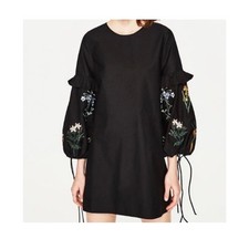 Zara Trafaluc Black Embroidered Boho Mini Dress Balloon Sleeve Women's Small S