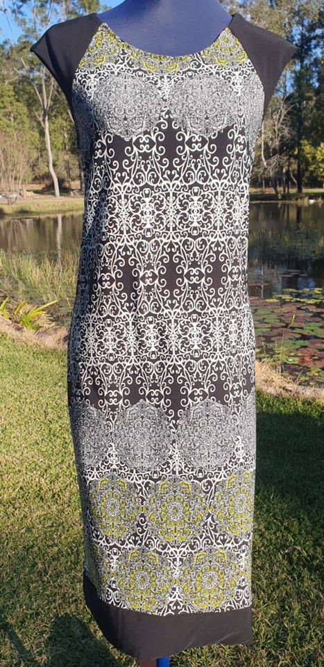 Basque Size 10 Dress Black White Yellow Paisley Knit Stretch Shift Midi Retro