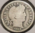 Silver Dime - Barber - 1908 (Obv rim bang.  Uneven wear on rev.)