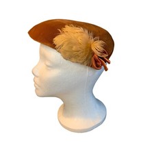 Ladies Brown Velvet Hat with Feather and Satin Bow Accents Hat Vintage