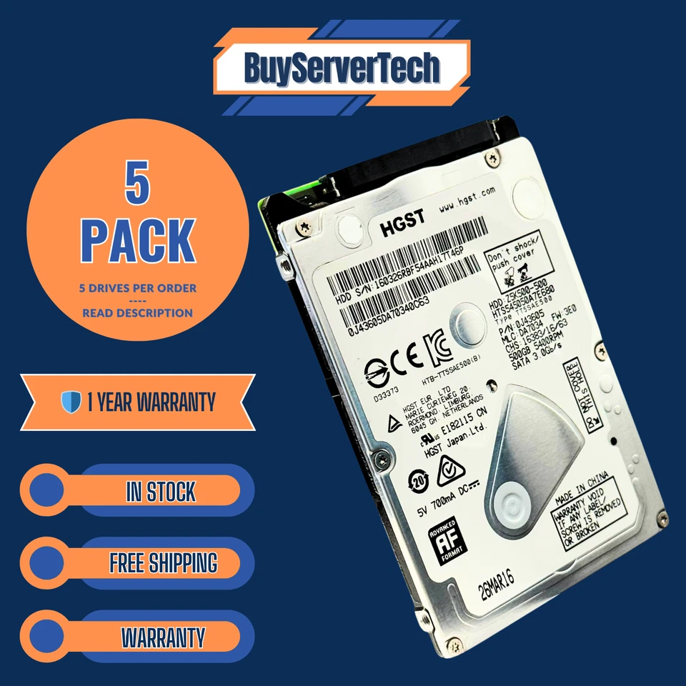 Lot of 5 HGST 500GB 2.5" SATA 5400RPM HDD | HTS545050A7E680 | Laptop PS4 XBOX - Image 3 of 4
