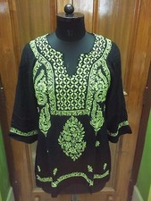 S 38" HANDMADE CHIKAN EMBROIDERY RAYON COTTON TUNIC TOP ETHNIC KURTA KURTI DRESS