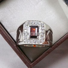Garnet Emerald Cut Gemstone With 925 Sterling Silver Ring For Men's B753