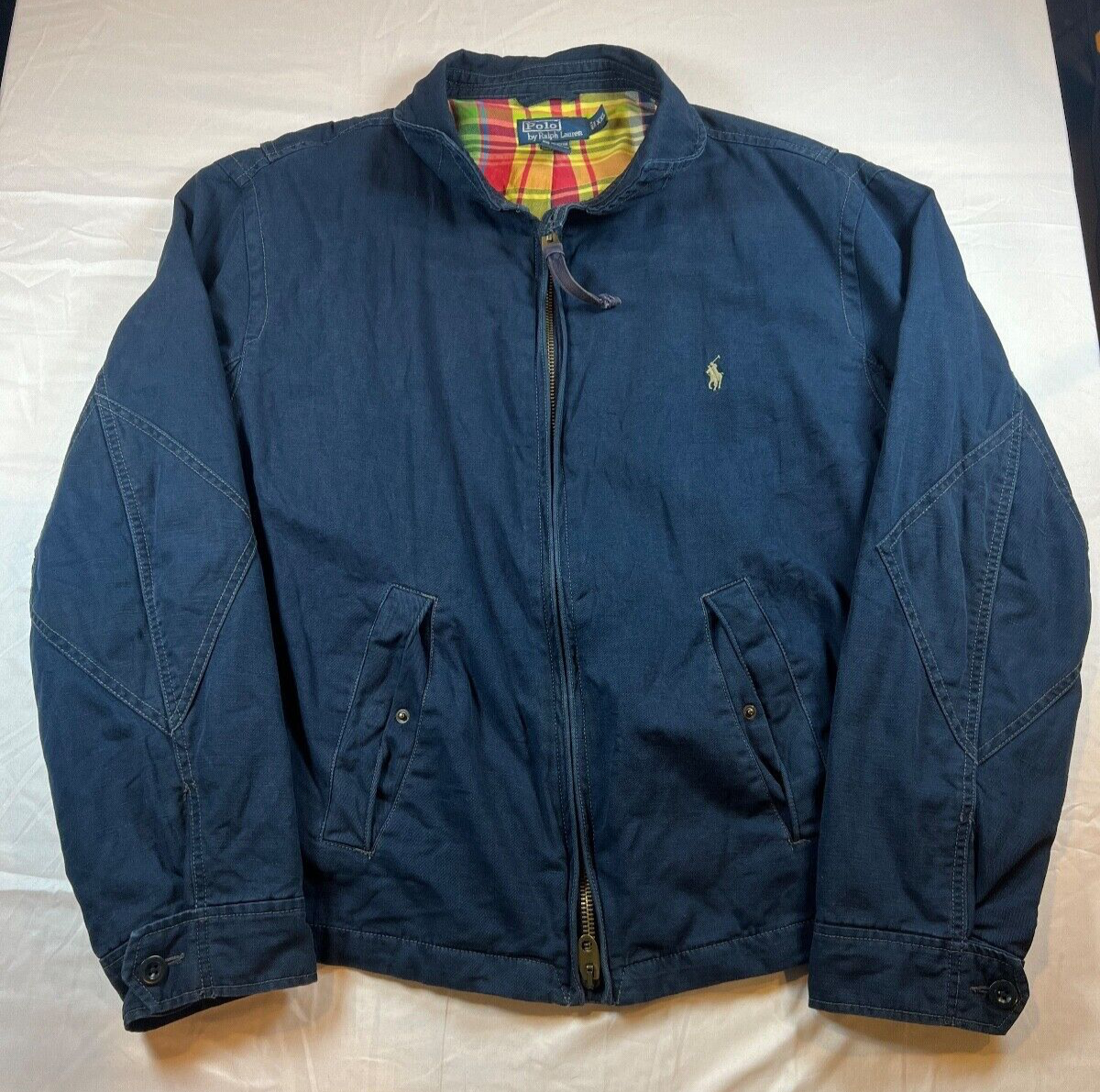 Giacca vintage Polo Ralph Lauren bi swing 2XL blu foderata a quadri full zip lino pony