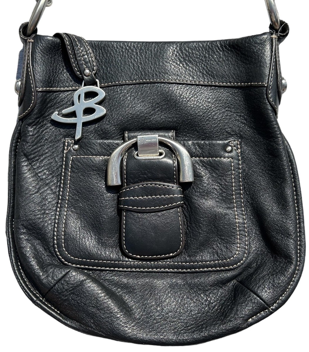 B MAKOWSKY Leather Crossbody Purse Black Shoulder Bag Silver Buckle Pockets