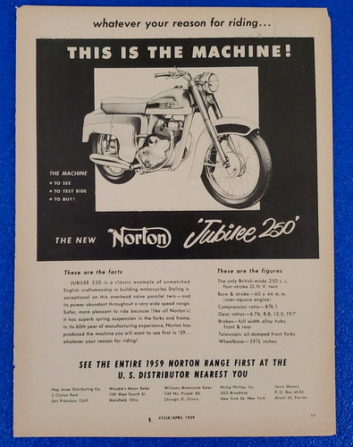 1959 NORTON JUBILEE 250cc MOTORCYCLE ORIGINAL PRINT AD "THIS IS THE MACHINE!"