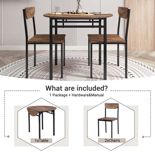 3-Piece Wood Drop Leaf Dining Table Set With 2 Chairs Breakfast Dining Set Brown - Picture 5 of 11