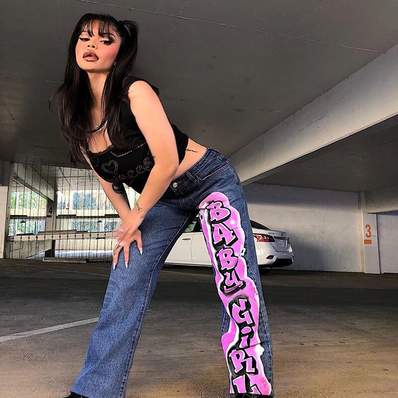 Vintage Baby Girl Straight Jeans Retro Fashion Letter Denim Low Waist Pants image 10