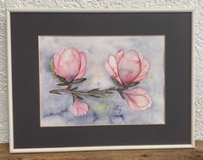 MAGNOLIE original Aquarell Bild Zeichnung mit Rahmen Blumen Magnolienzweig Blume