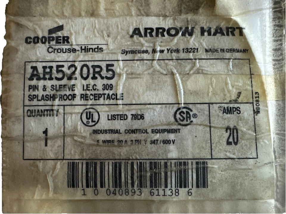 ⚡️Arrow Heart AH520R5 Watertight Pin & Sleeve Receptacle 20A 3-PH 5W⚡️ - Image 4 of 4