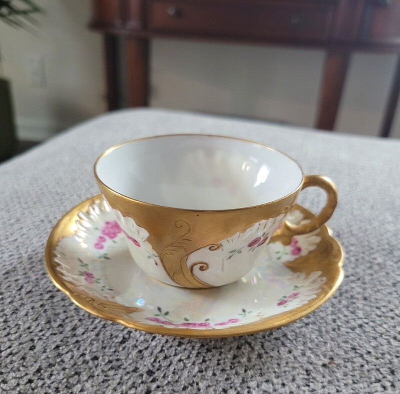 Limoges France W.G.  & Co Pink Green with Gold Floral  Demitasse Cup Saucer Set