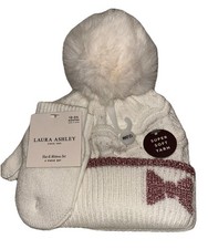 Laura Ashley Soft Knitted Cream Pink Bow Hat Mittens Set 12- 24 Months