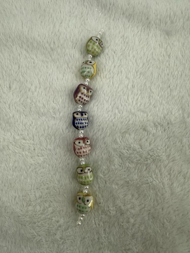 Strand of Colorful Glass Owl Beads with Small White Pearl Beads, 7 Owls 18 Beads