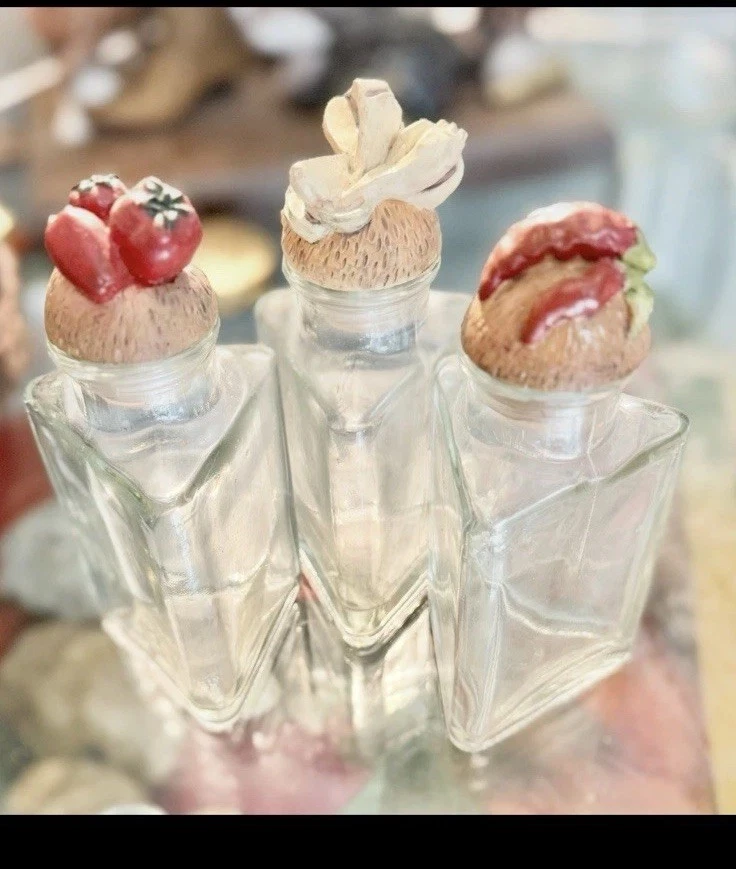 Vintage Glass Spice Jar Set Of 3 with Vegetable Detail Cork Lids