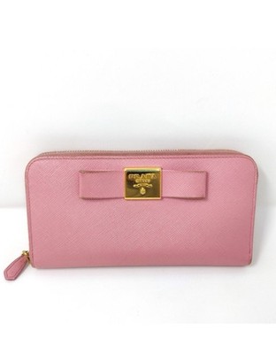 PRADA Fiocco Long Zip Bow Wallet in Champagne Pink Saffiano Leather - Orchidea