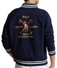NWT Polo Ralph Lauren NAVY EQUESTRIAN CREST FLEECE BASEBALL JACKET M GOLD PONY