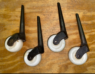 Set of 4 Antique Porcelain Casters 5.5  Tall   Vintage Furniture Wheels with Iro