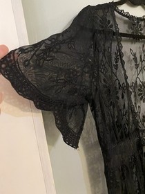 Sexy IRIS Black Lace Kimono Duster Short Sleeve Mid Calf Lady&rsquo;s Cover-up Size L