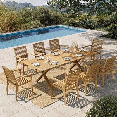 9-Piece Patio Dining Set Outdoor Acacia Wood Table & 8 Armchairs w/Umbrella Hole