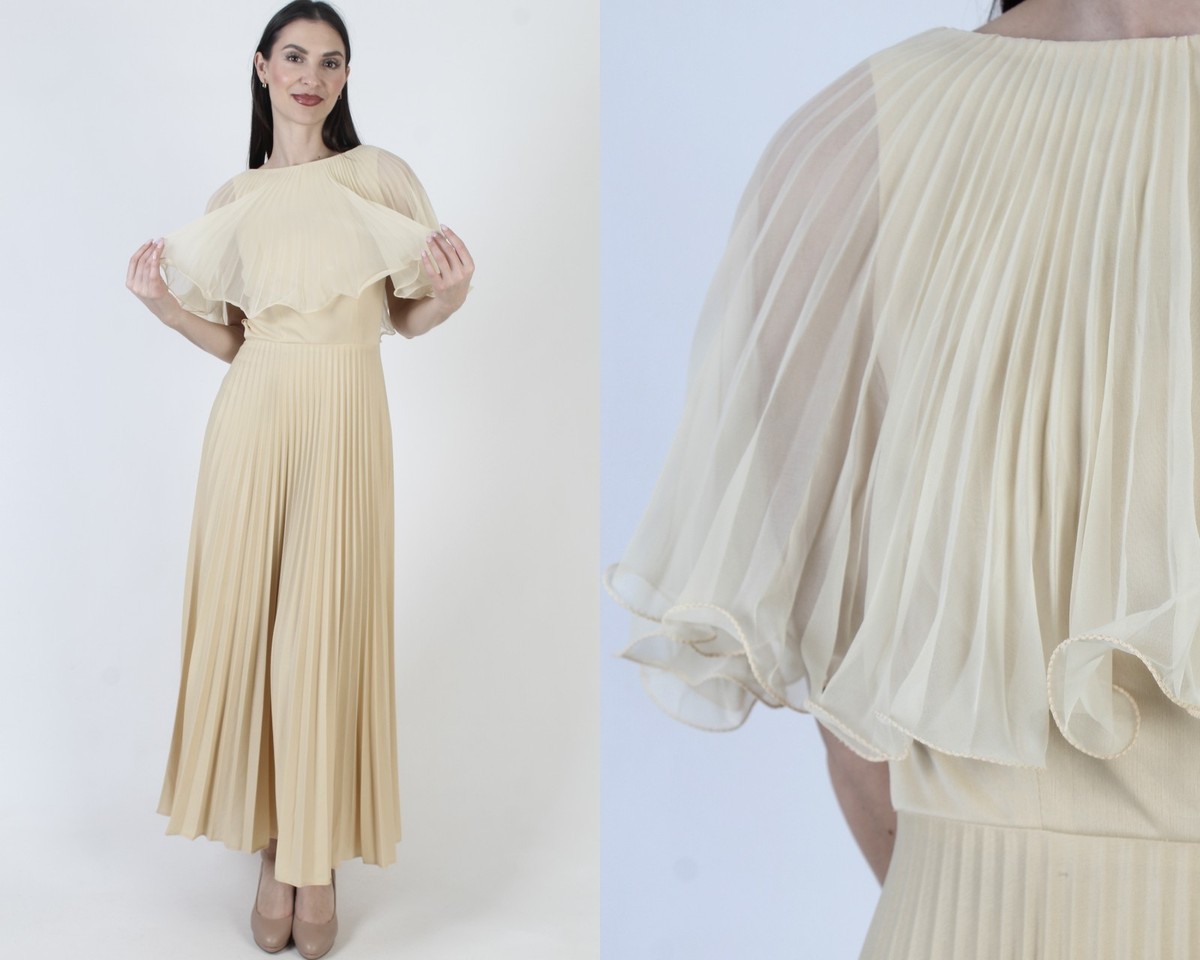 Vintage 70s Cream Chiffon Dress Disco Party Grecian Goddess Roman Capelet Gown Vintage 70s Cream Chiffon Dress Disco Party Grecian Goddess Roman Capelet Gown
