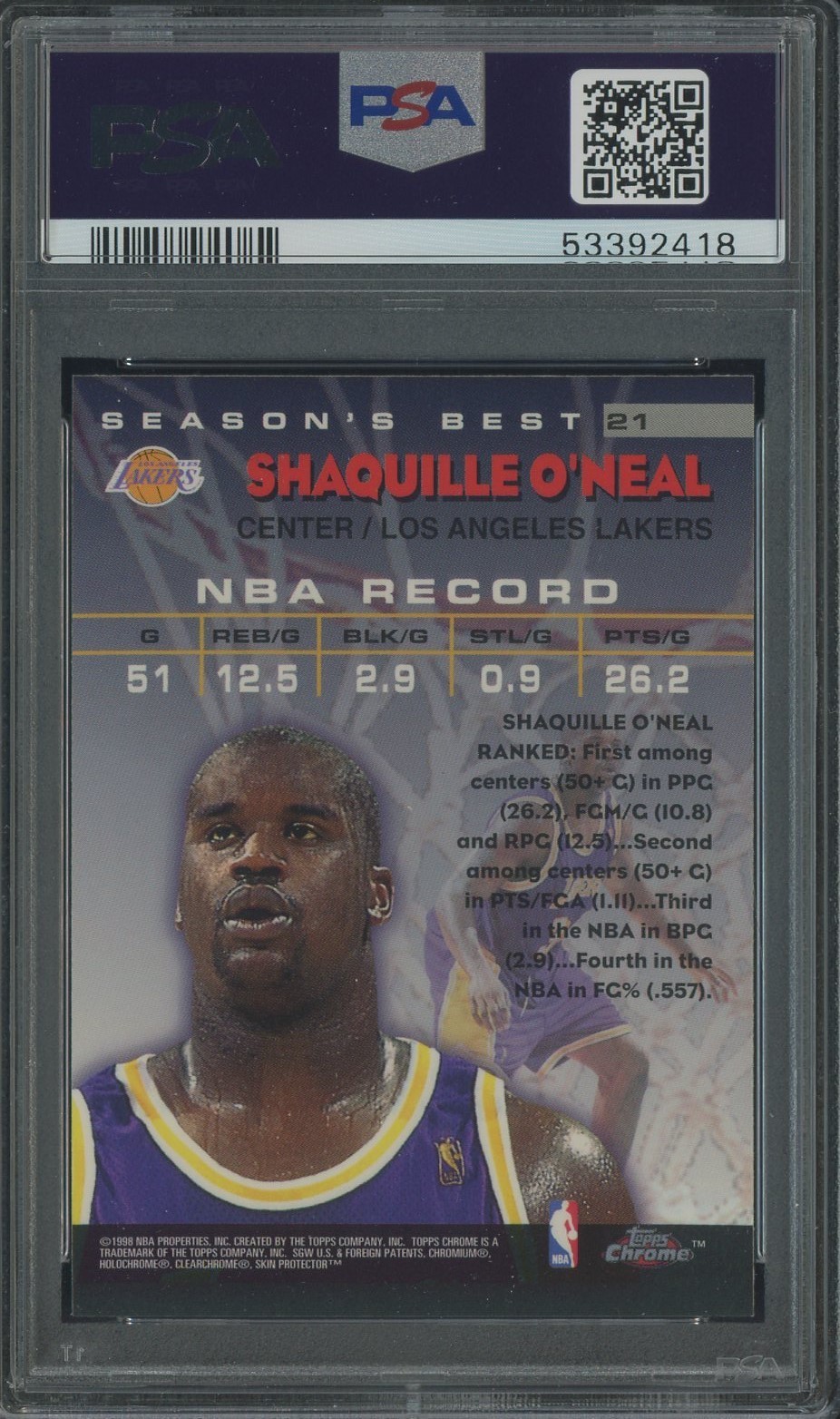 1997 Topps Chrome Season's Best #21 Shaquille O'Neal Lakers HOF PSA 10 GEM MINT view 2
