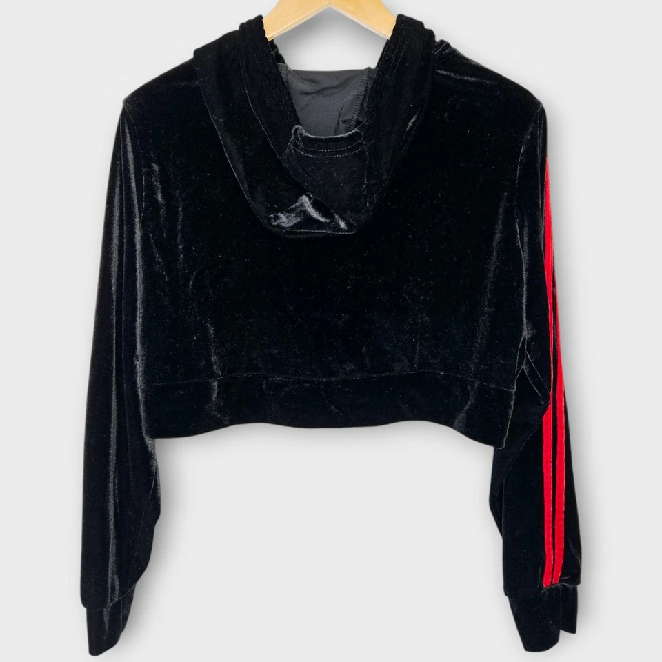Rue 21 Velour Cropped Hoodie Size L Black w/Red Stripes Full Zip Track Suit Emo - Image 2 of 4