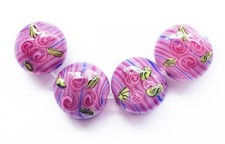 4 Handmade Lampwork Glass Lentil Beads Pink Roses 19 mm 4 beads p6