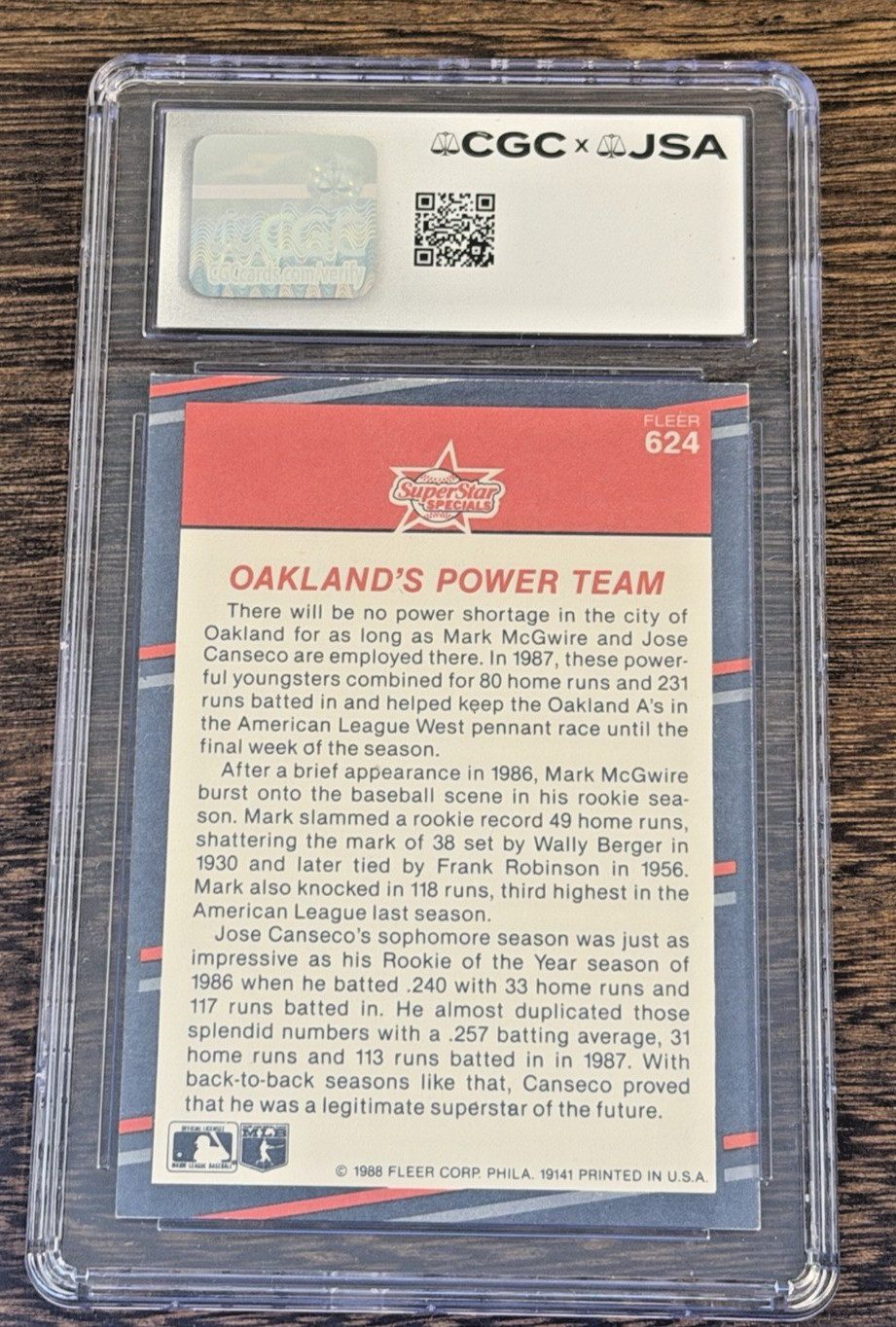 1988 Fleer #624 McGwire Canseco Dual Auto CGC 9 JSA Oakland’s Power Team view 5